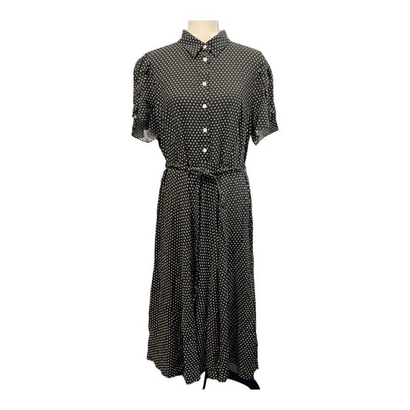Chaps Womens XXL Polka Dot Midi Dress A Line Button Front Tie Waist Short Sleeve - Picture 1 of 10